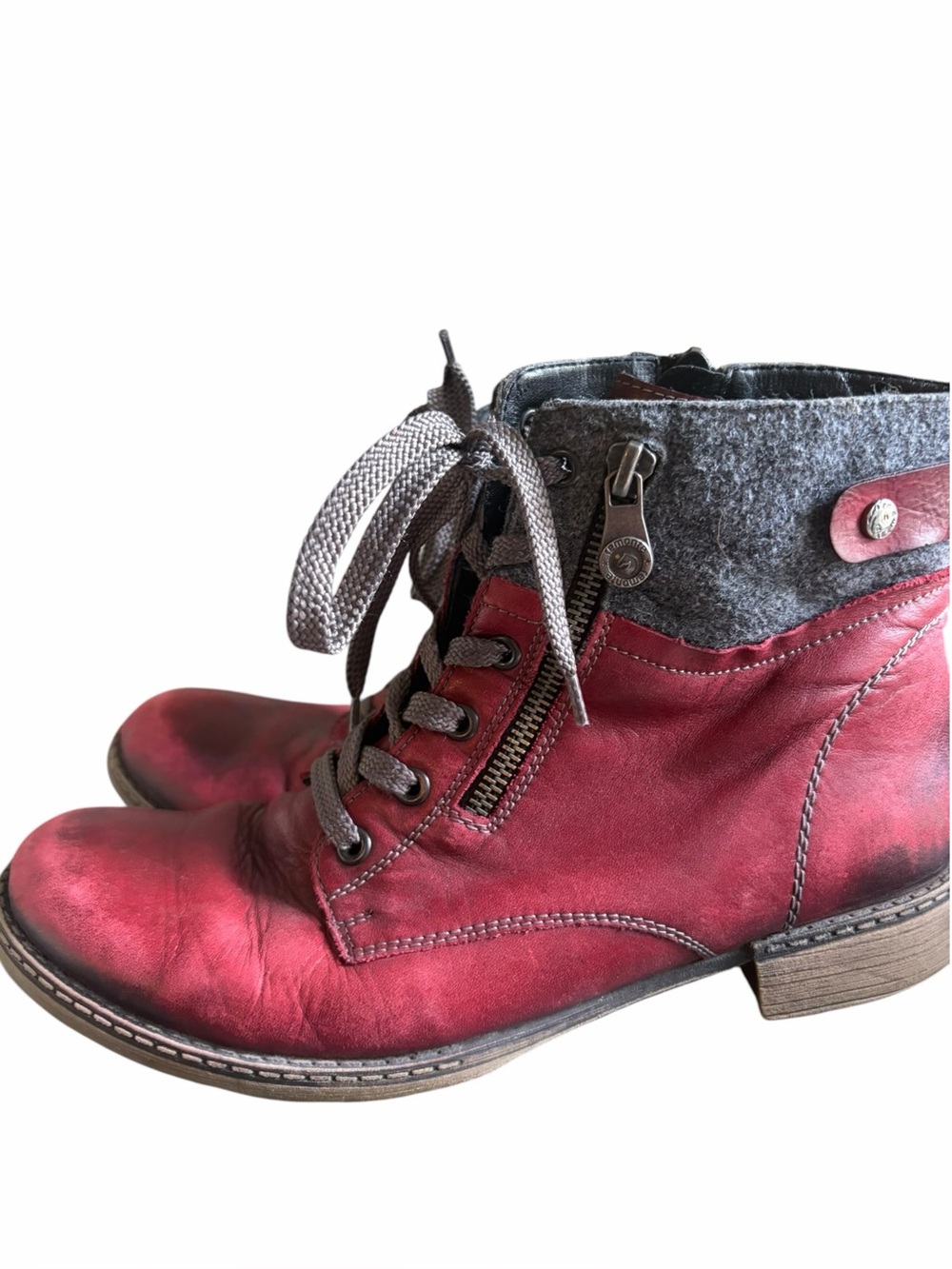 REMONTE Burgundy Leather Lace Up Fleece Lined Boots western Whimsigoth witchy